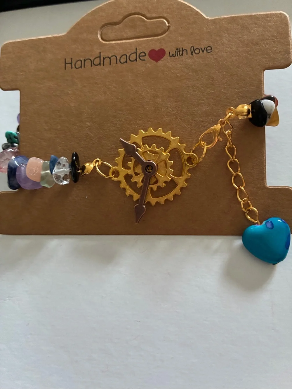 Multicolor Gemstone Bead Bracelet with Gold Toggle and Blue Heart Charm